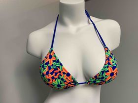 MULTI COLORED FLOWER TRIANGLE TOP WITH BLUE STRINGS